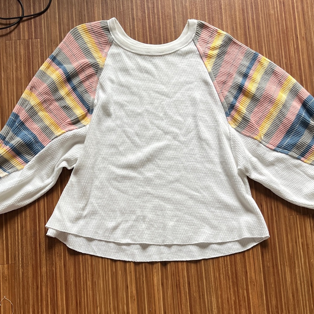 We The Free White Top with Multicolor Striped Sleeves
